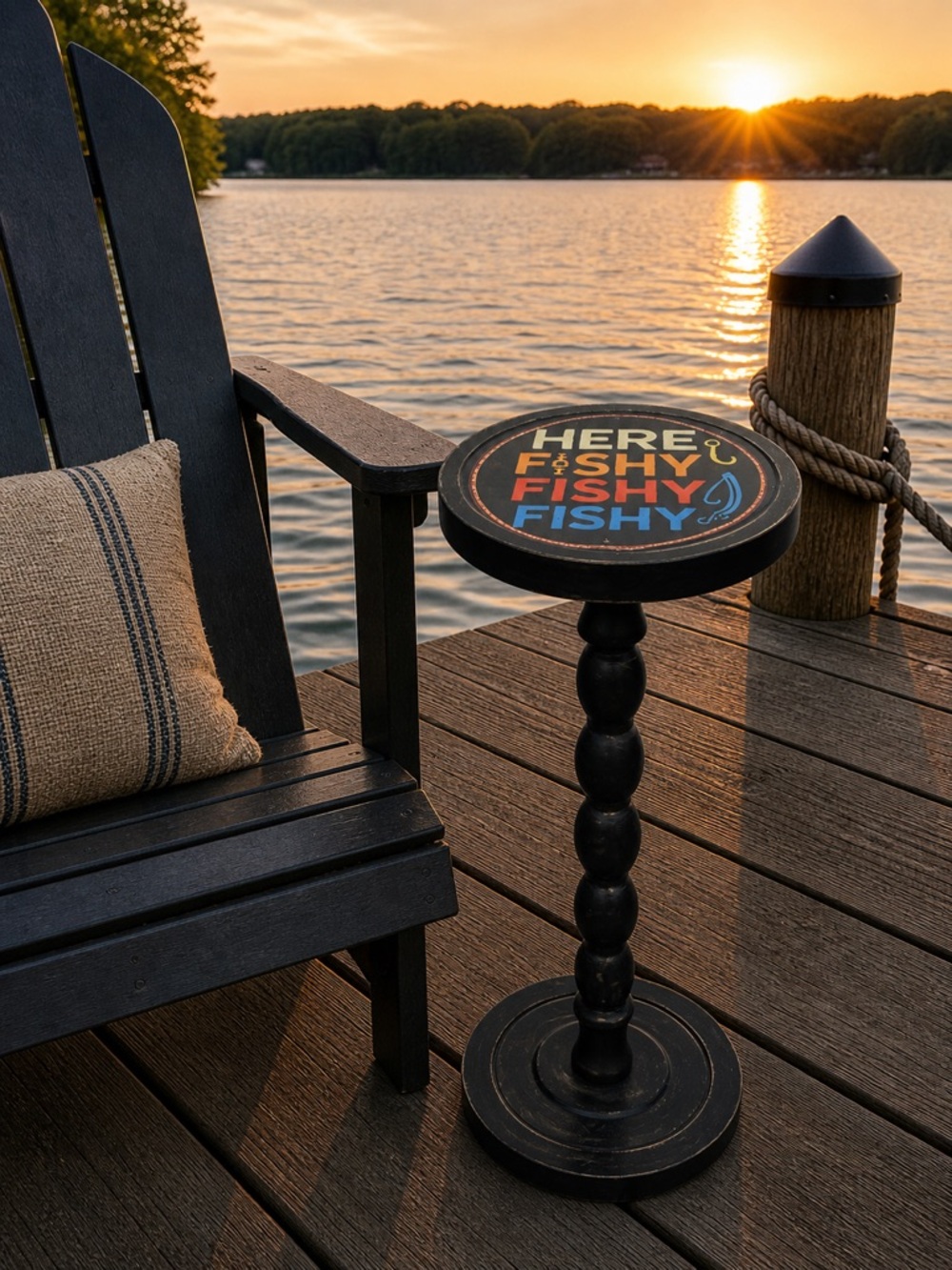 Here Fishy Fishy Round Accent Table - Black with Yellow, Orange & Blue Top